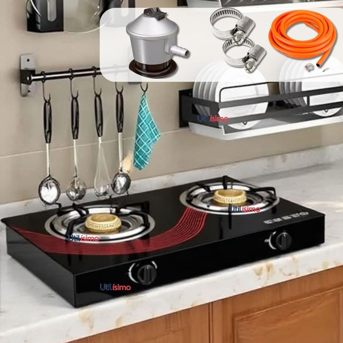 LINE - Cocina Encimera a Gas Licuado Vidrio 2 Platos + Kit de Instalaión