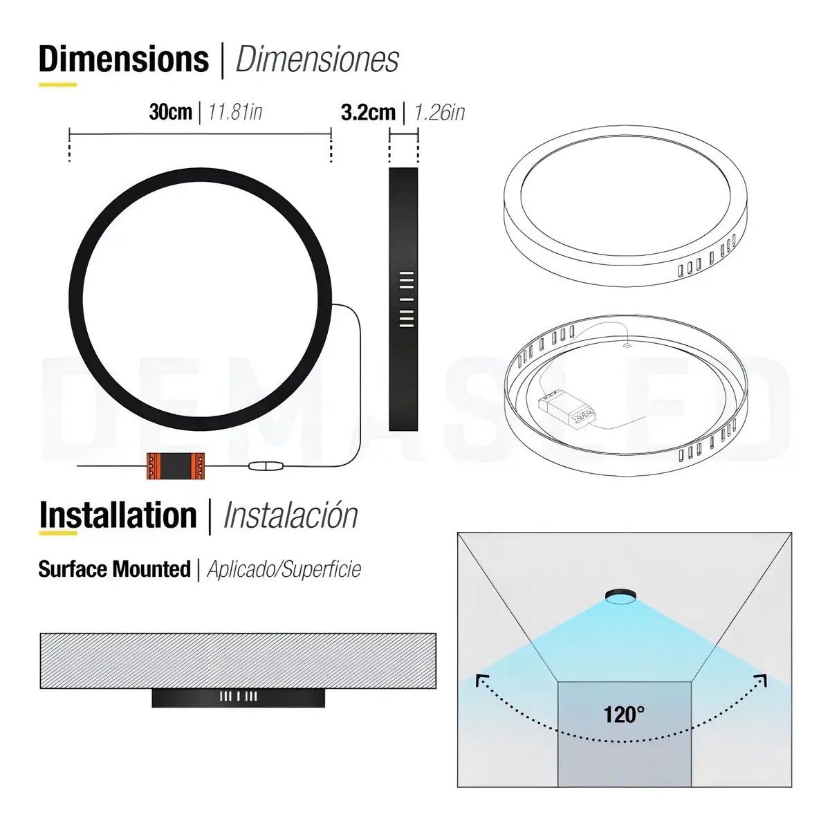 GENERICO - Foco Panel Led 24w Plafón Redondo 30cm Sobrepuesto Negro Luz Fría 6000k BELUG