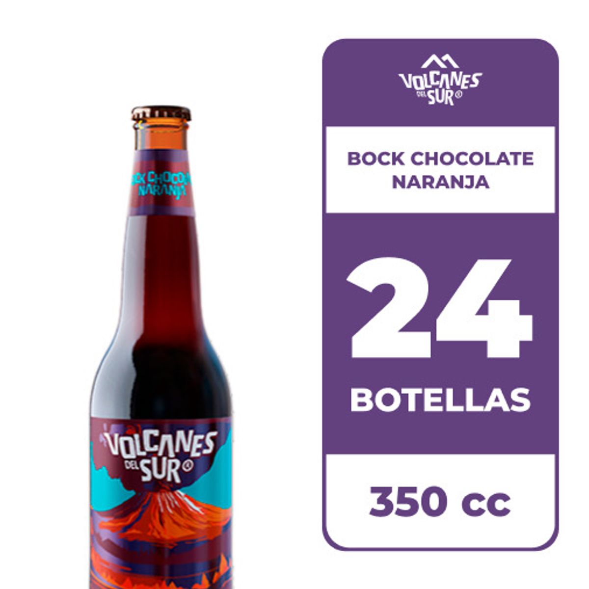 VOLCANES DEL SUR - 24x Cerveza Volcanes Del Sur Bock Chocolate Naranja 5.0° Botella 350cc