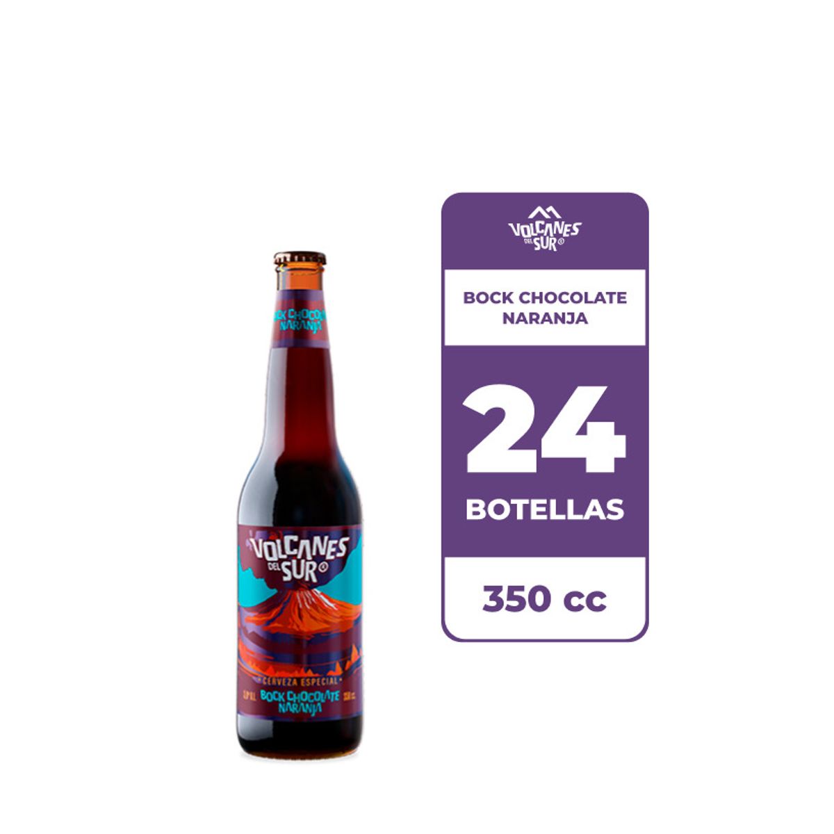 VOLCANES DEL SUR - 24x Cerveza Volcanes Del Sur Bock Chocolate Naranja 5.0° Botella 350cc