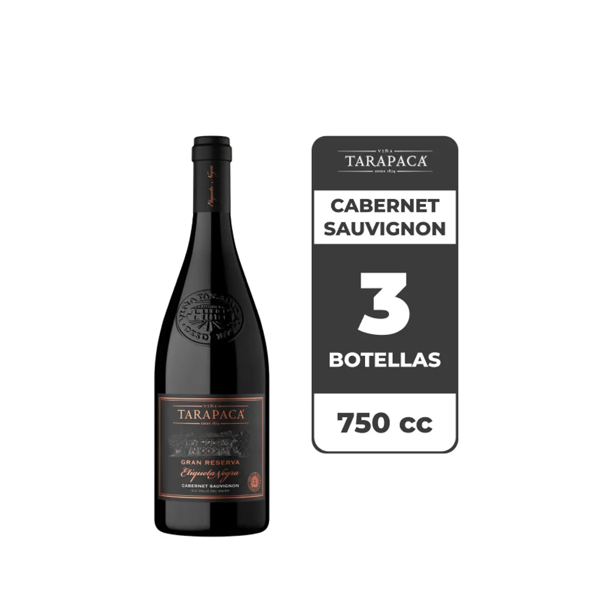 TARAPACA - 3x Vino Tarapacá Gran Reserva Etiqueta Negra Cabernet Sauvignon 750cc