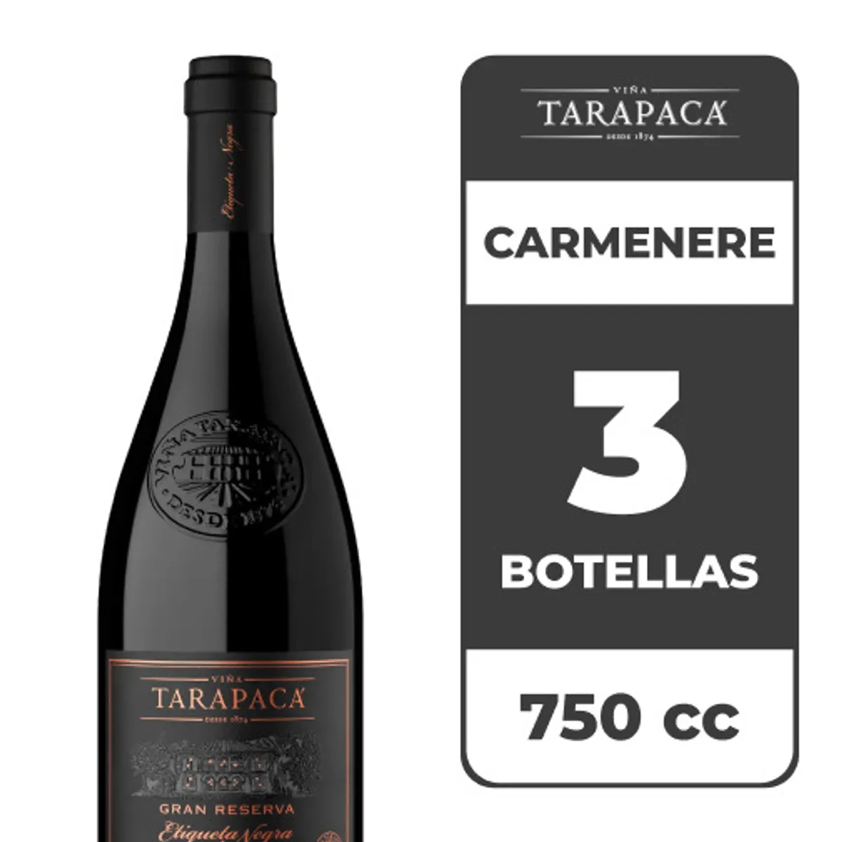 TARAPACA - 3x Vino Tarapacá Gran Reserva Etiqueta Negra Carmenere 750cc