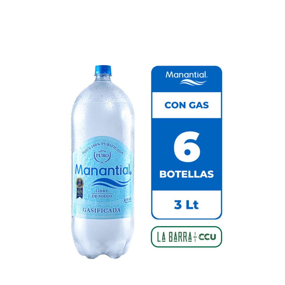 MANANTIAL - 6x Agua Purificada Manantial Con Gas Botella 3L