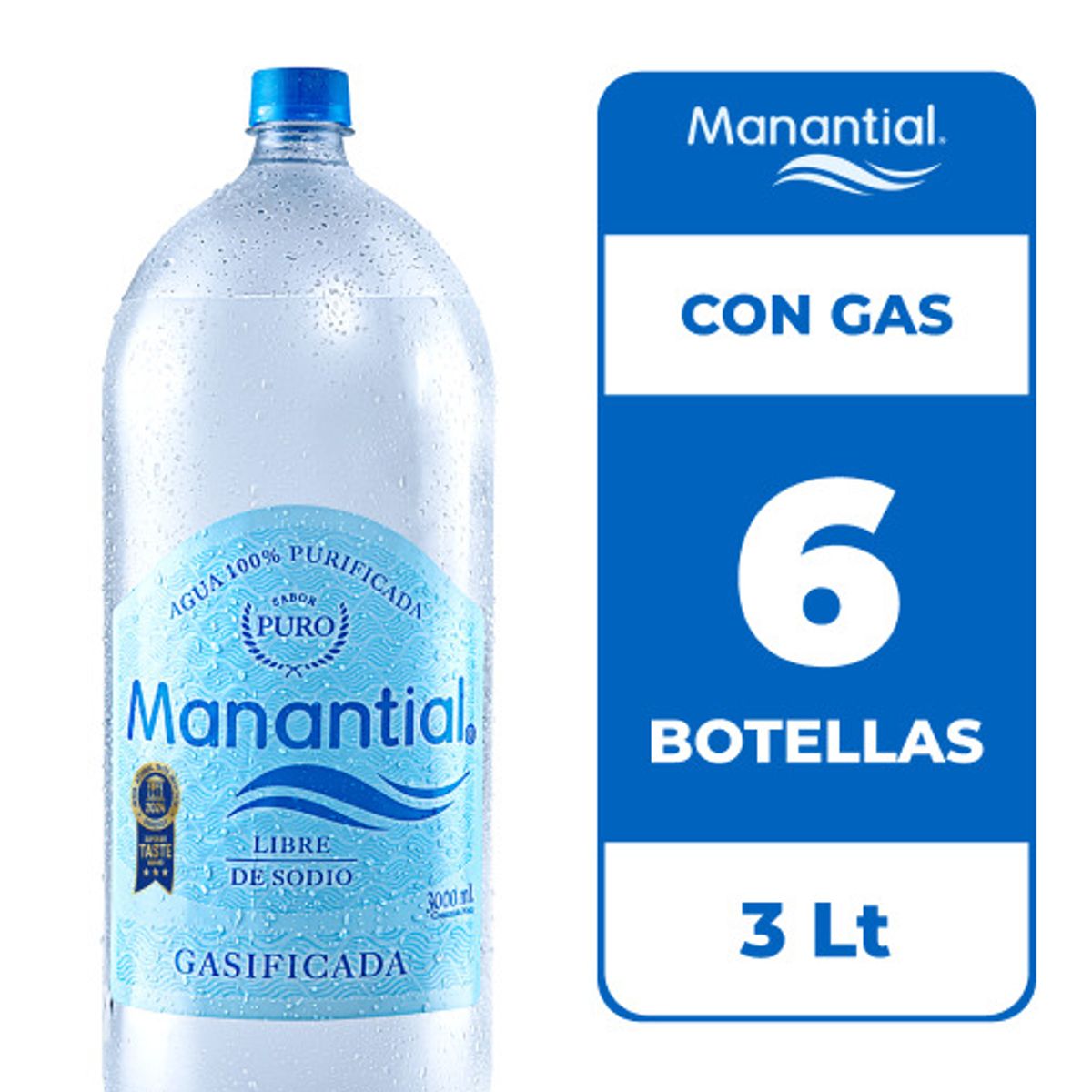 MANANTIAL - 6x Agua Purificada Manantial Con Gas Botella 3L