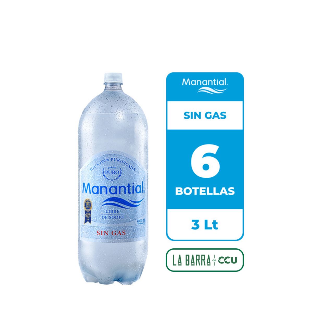 MANANTIAL - 6x Agua Purificada Manantial Sin Gas Botella 3L