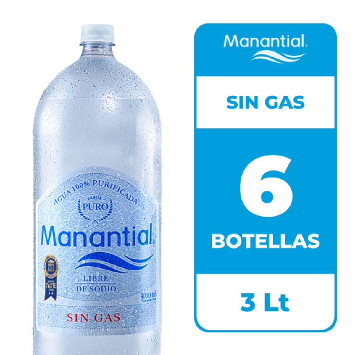 MANANTIAL - 6x Agua Purificada Manantial Sin Gas Botella 3L