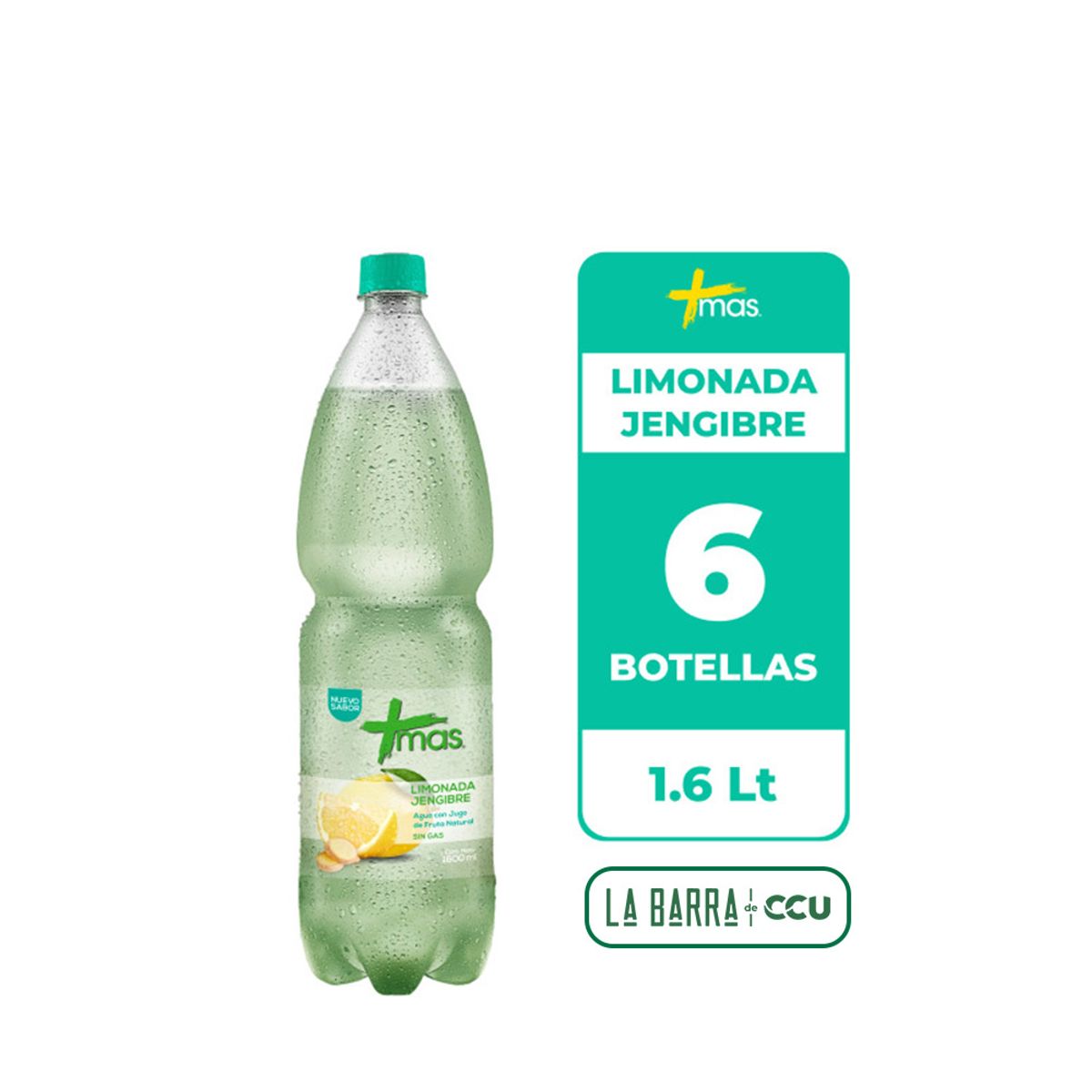 CCU - 6x Agua Saborizada Mas Limonada Jengibre Botella 1.6L