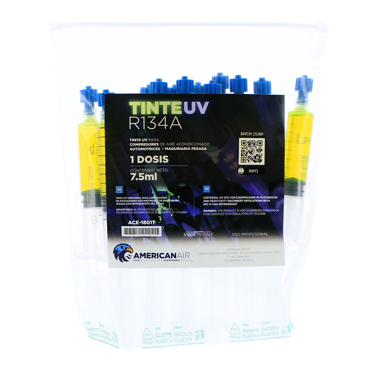 AMERICAN AIR - Tinte UV 7.5ml R134a Jeringa Pack 12 unidades