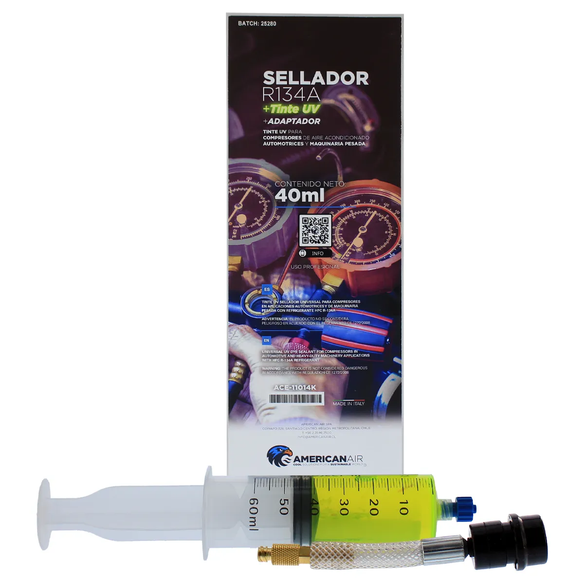 AMERICAN AIR - Sellador con tinte UV 40ml R134a Jeringa+Adaptador AC