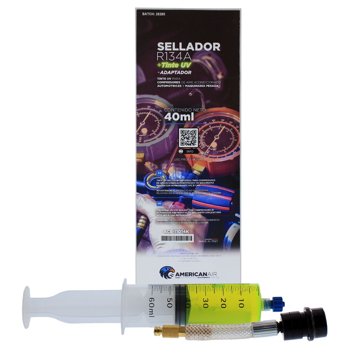 AMERICAN AIR - Sellador con tinte UV 40ml R134a Jeringa+Adaptador AC