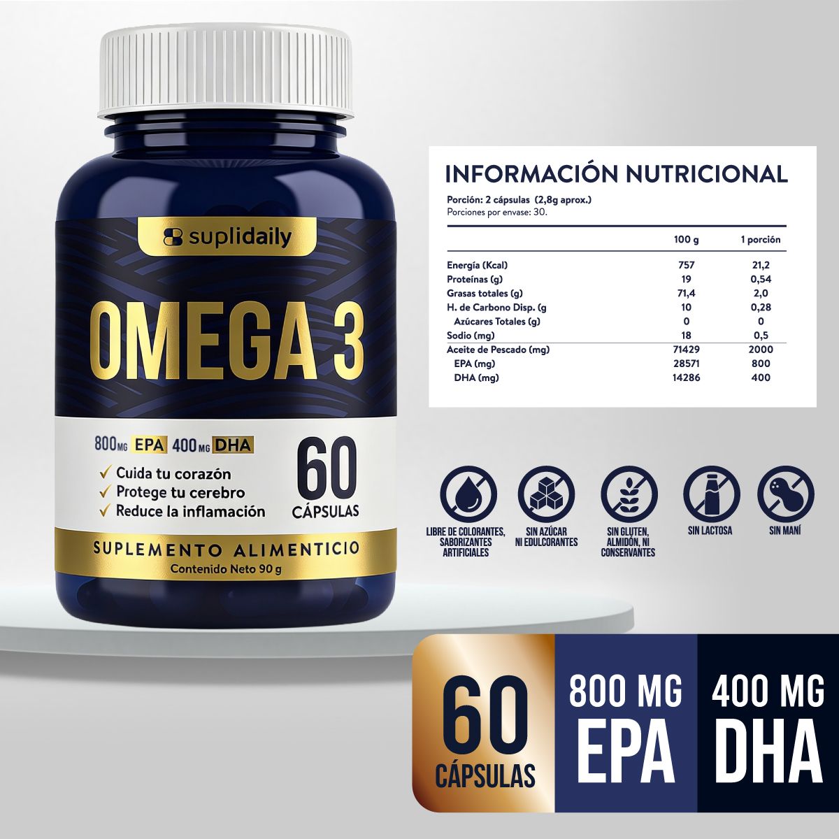 SUPLIDAILY - PACK X2 Omega 3 800 EPA 400 DHA 120 capsulas alta pureza