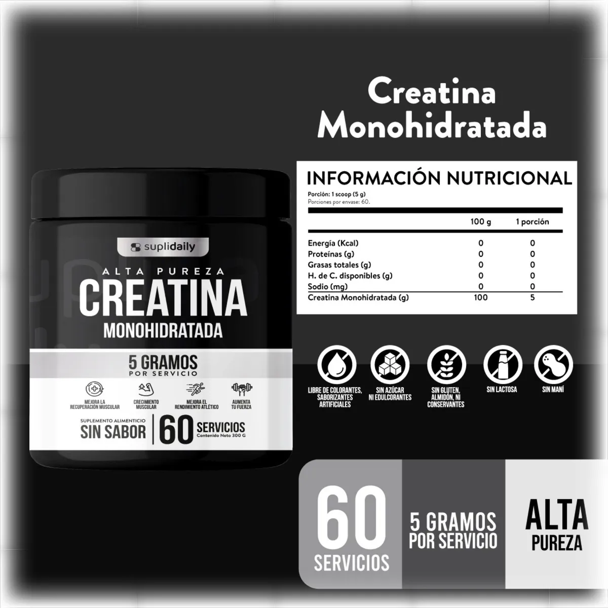 SUPLIDAILY - Creatine 100% Pure Monohydrate 300 g Suplidaily 2 Meses CREATINA MONOHIDRATADA