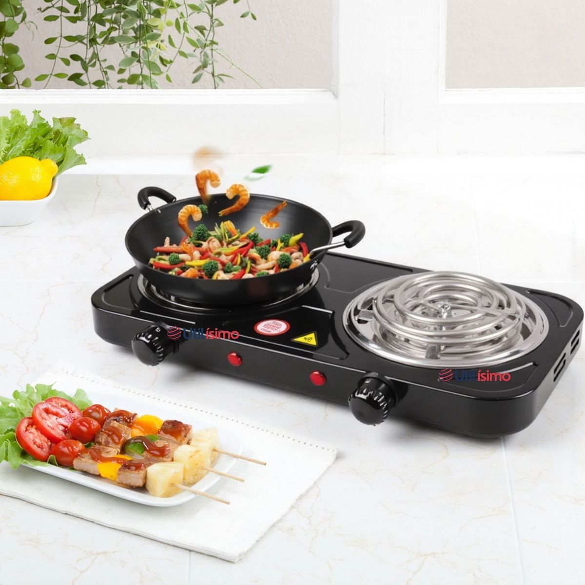 LINE - Cocina Eléctrica 2 Platos 2000W de Potencia Cocinilla Portátil Negro