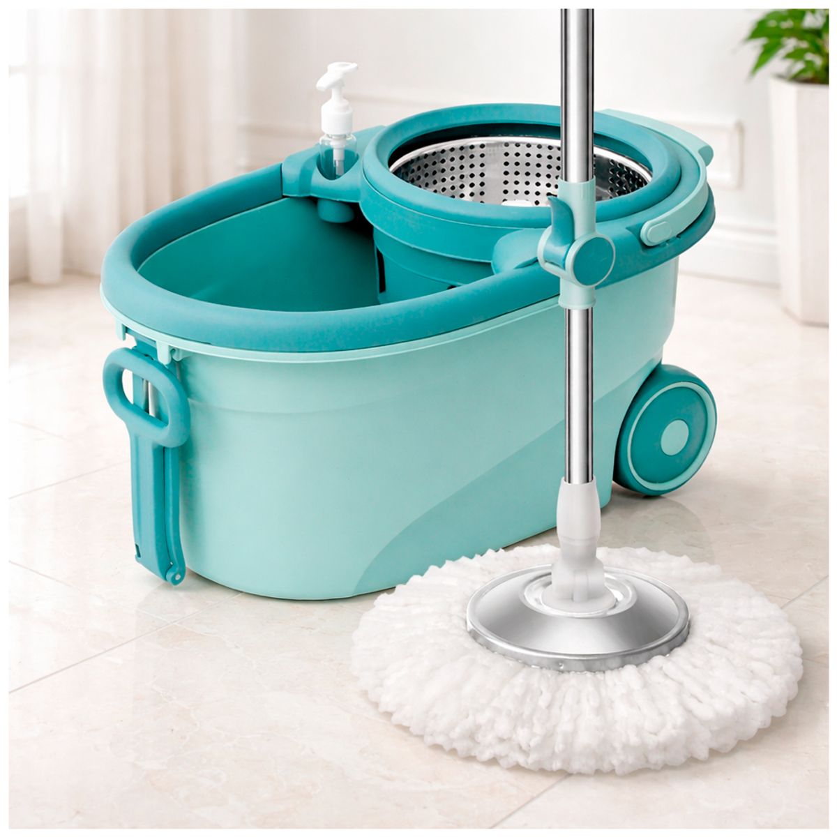 IRM - Mopa Trapeador Giratoria 360 Centrifugadora Acero Removible Color Turquesa