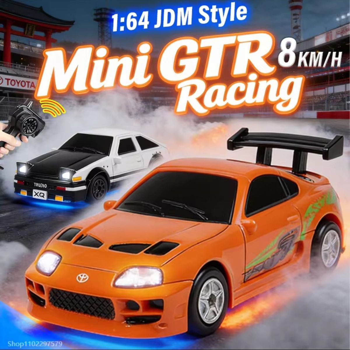 DRIFT - Mini Auto RC Drift Proporcional 1 :64  Supra Naranja  Control 2.4G, Luces LED y Kit de Obstáculos