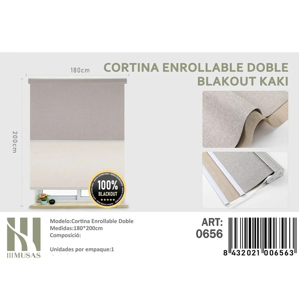 GENERICO - Cortina Enrollable Doble Blackout   jaspeada 180x200 cm color kaki
