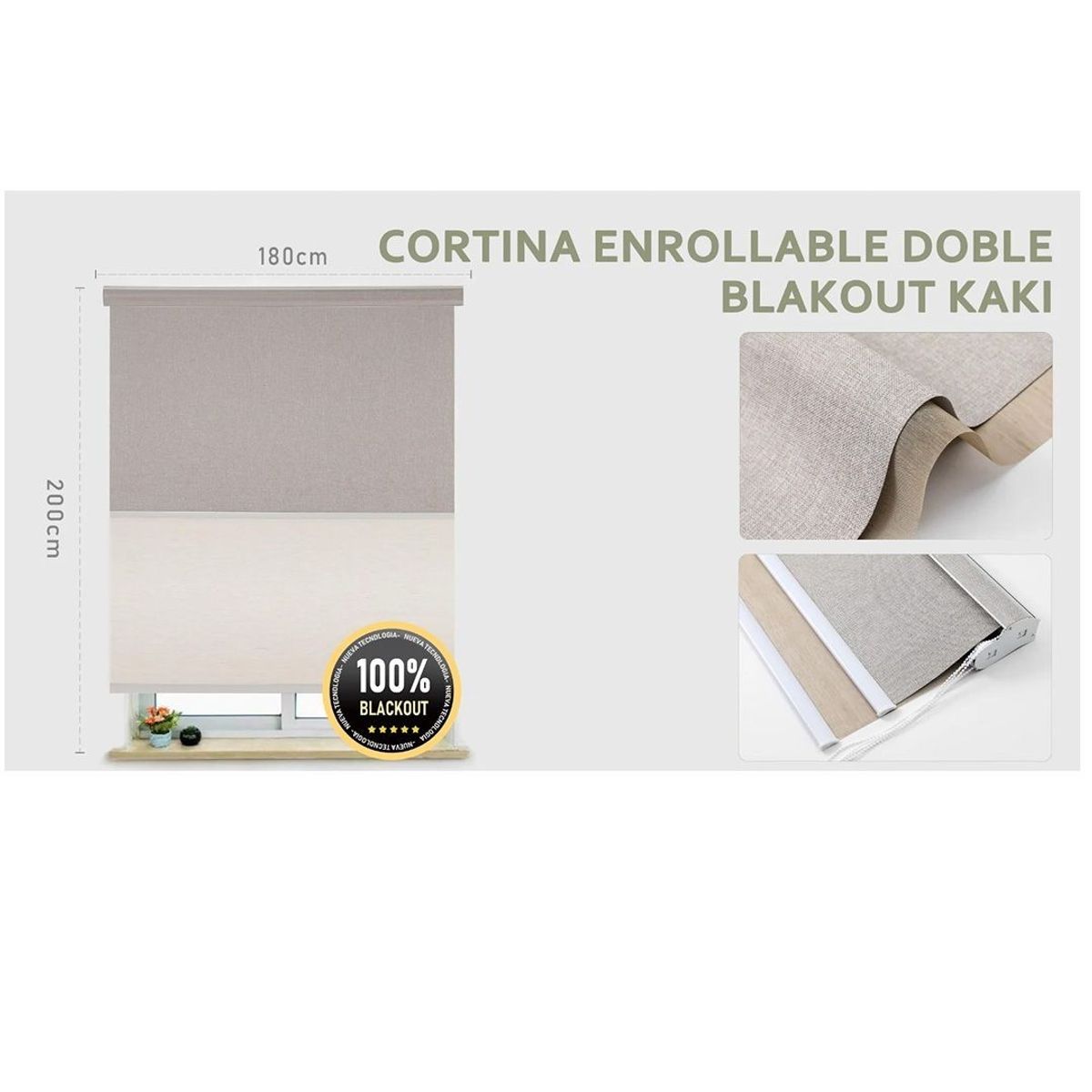 GENERICO - Cortina Enrollable Doble Blackout   jaspeada 180x200 cm color kaki