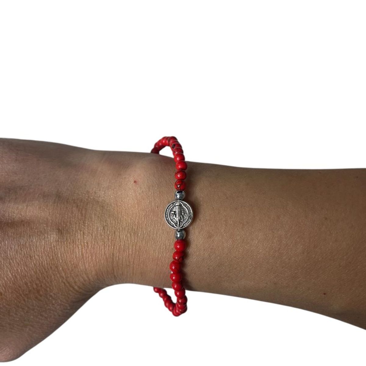 GENERICO - Pulsera protección elasticada de piedra natural 3mm con medalla san benito