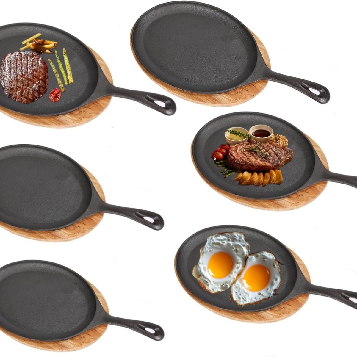 KUANGYE - Set De 6 Platos De Hierro Fundido 25X18cm Con Base Madera  Para Restaurante,Cocina,Barbacoa,Fiesta