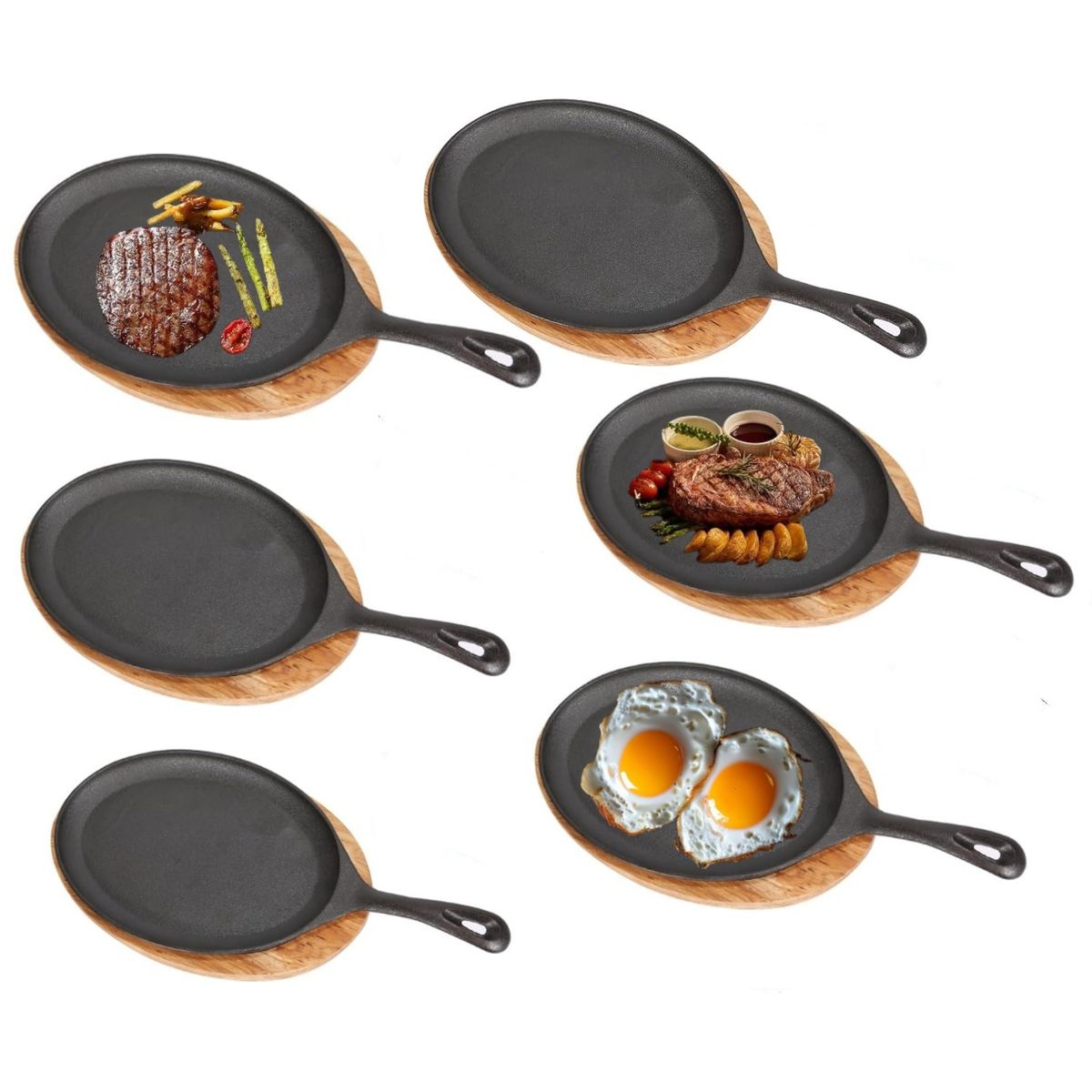 KUANGYE - Set De 6 Platos De Hierro Fundido 25X18cm Con Base Madera  Para Restaurante,Cocina,Barbacoa,Fiesta