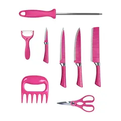 SIN TOYO - Set Cuchillos Cocina Acero Inox. con Pelador, Tijeras y Garra Carne. Solución Integral Colores.