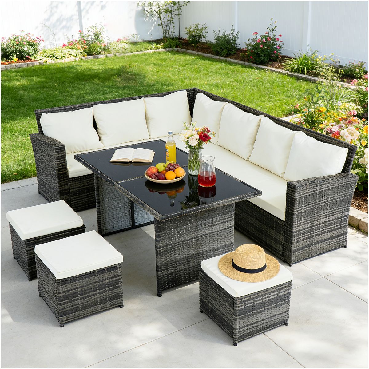 ELEMENT DESIGN - Juego de Comedor de Terraza 9 Personas Riviera - Marrón/Beige