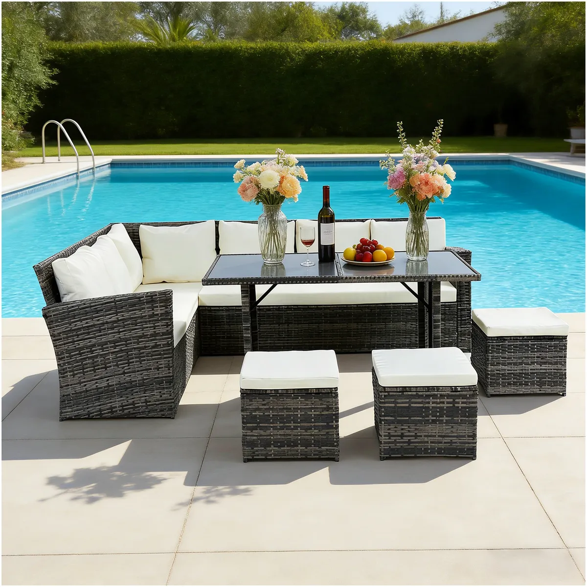 ELEMENT DESIGN - Juego de Comedor de Terraza 9 Personas Riviera - Marrón/Beige
