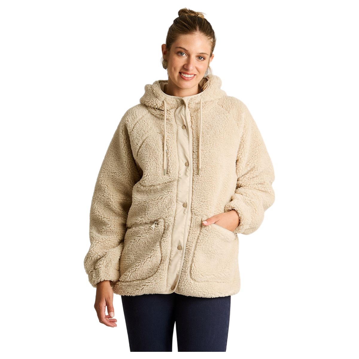 LORENZO DI PONTTI - Poleron Sherpa Beige Manga Larga Elasticidad Media Sin Forro Calce Normal Tela Plano