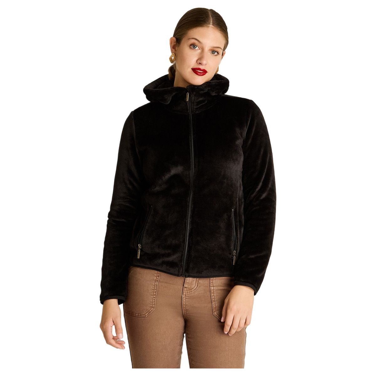 LORENZO DI PONTTI - Poleron Coral Fleece Negro Manga Larga Elasticidad Media Sin Forro Calce Normal Tela Punto