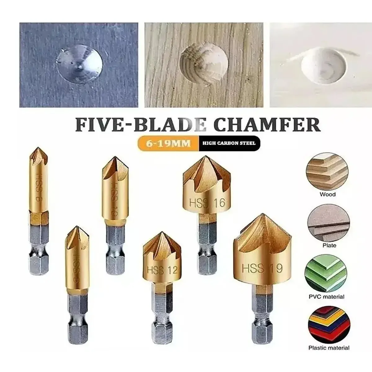 GENERICO - Set De 6 Avellanadores Para Metal 6, 8, 9, 12, 16 Y 19 Mm