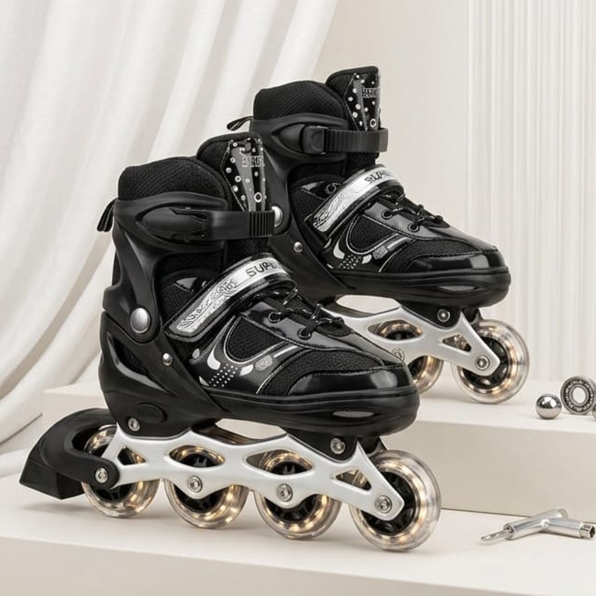 GENERICO - Patines Lineales NEGRO Niños Y Jóvenes + Set De Protección Talla S