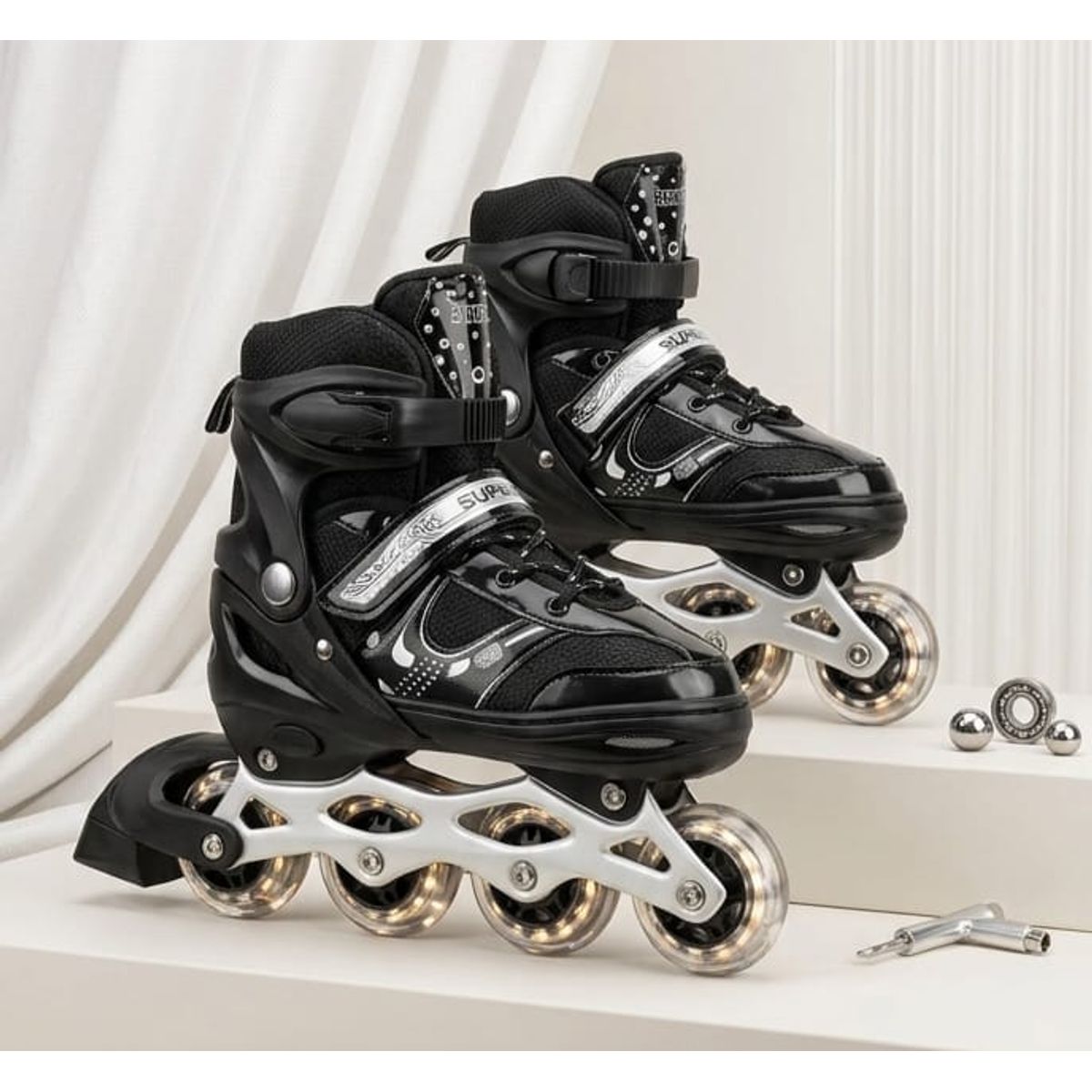 GENERICO - Patines Lineales NEGRO Niños Y Jóvenes + Set De Protección Talla S