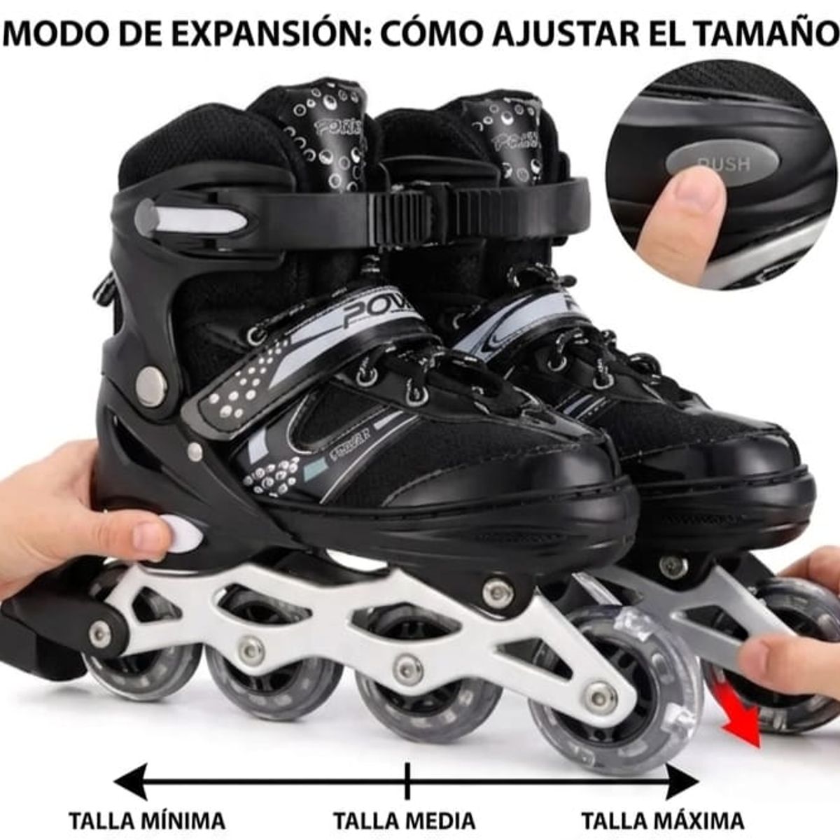 GENERICO - Patines Lineales NEGRO Niños Y Jóvenes + Set De Protección Talla S