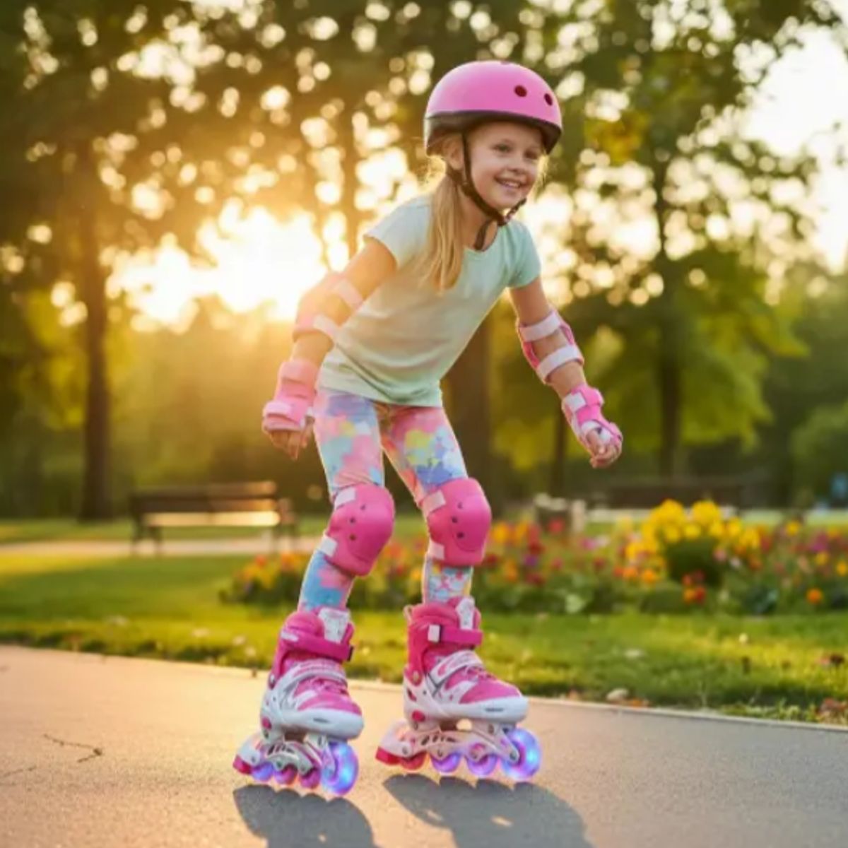 GENERICO - Patines Lineales Rosado Niñas Y Jóvenes + Set De Protección Talla M