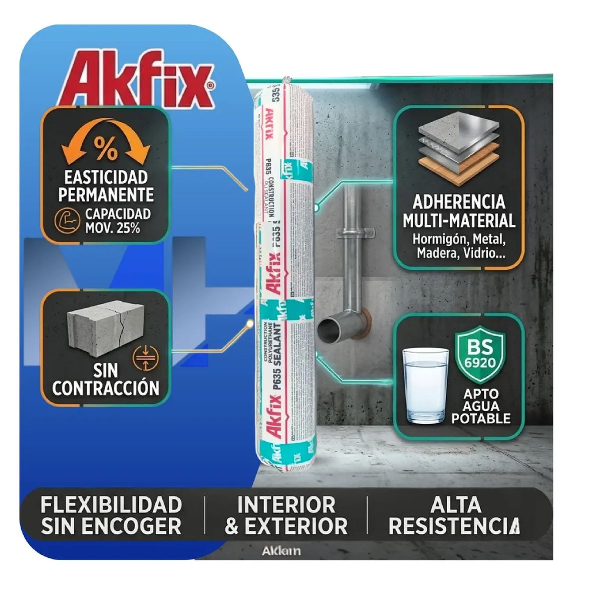 AKFIX - Sellador Poliuretano Blanco P635 Akfix 600ml Int Y Ext Const
