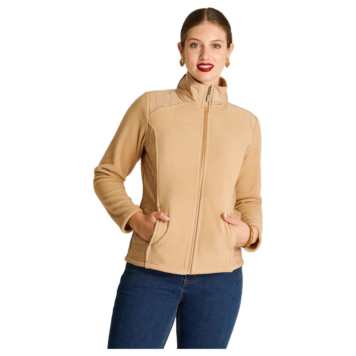 LORENZO DI PONTTI - Polerón Polar Camel Full Zipper con Diseño Quilted