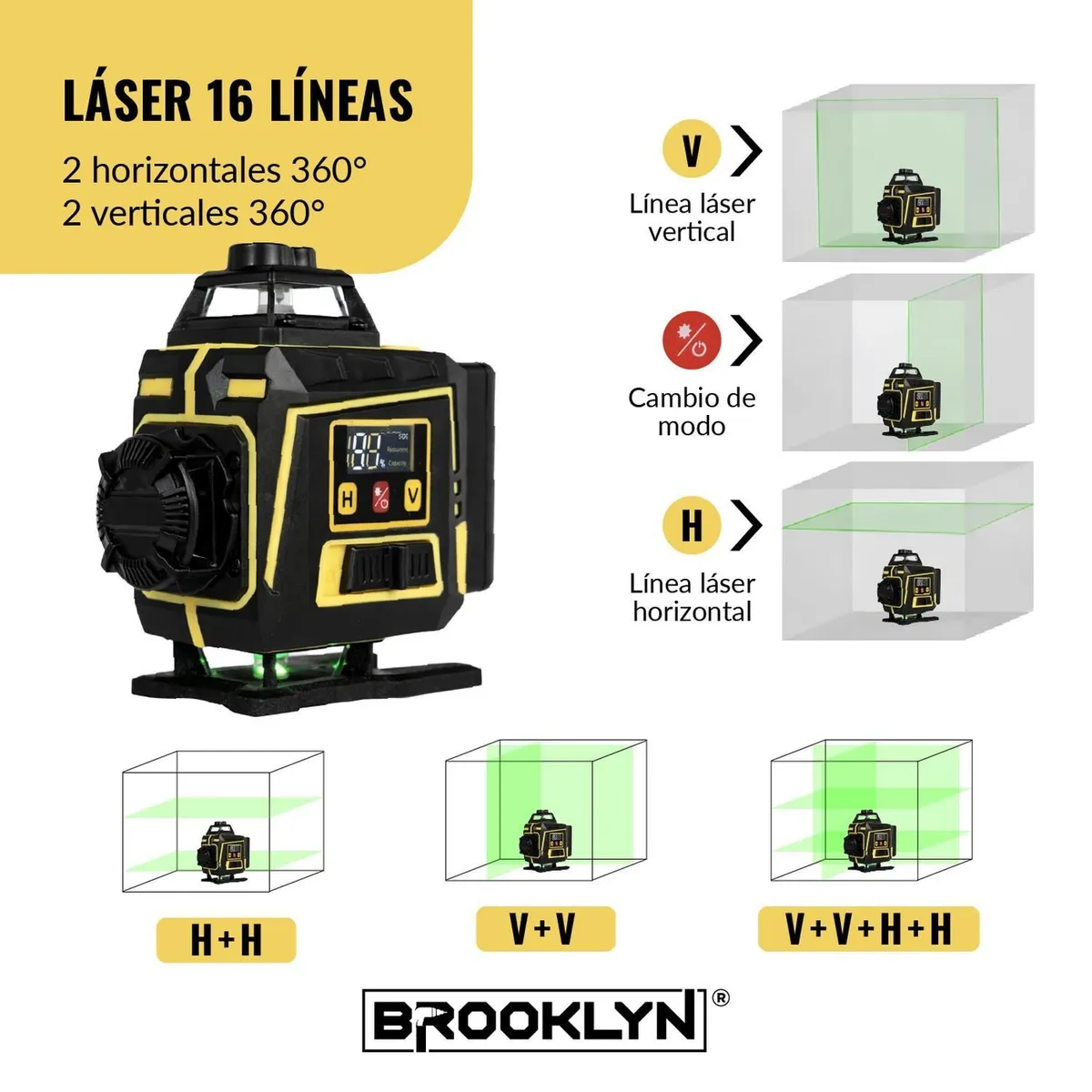 BROOKLYN - Nivel Laser Verde Brooklyn 16 Líneas Autonivelante + Tripode