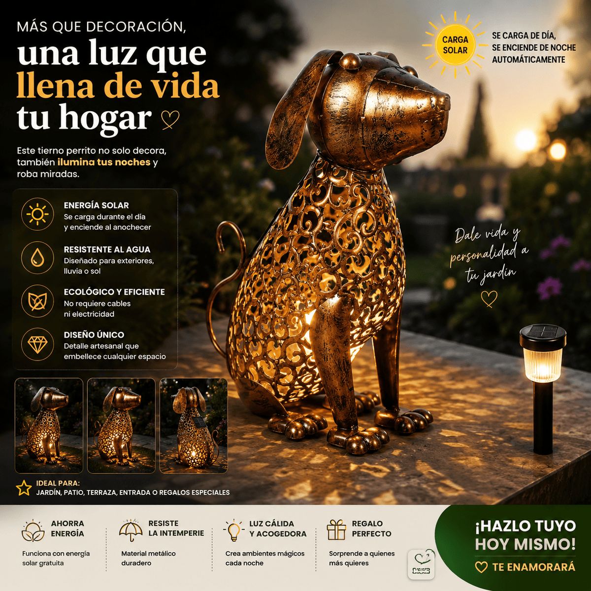 GENERICO - Lámpara Solar Decorativa Perro Metal Vintage Exterior