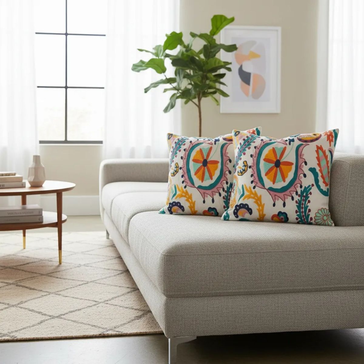 TODOHOGAR SANTIAGO DE CHILE - Set De  2 Cojines Bordados 45×45 Diseño Multicolor “Jardín Vivo”