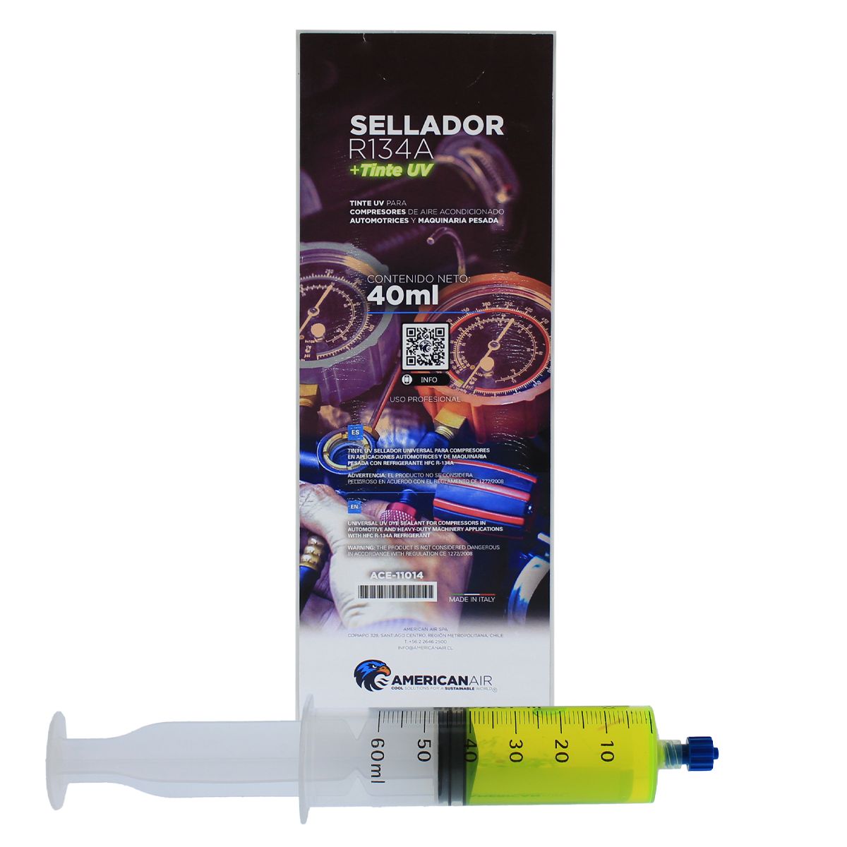 AMERICAN AIR - Sellador con tinte UV en Jeringa 40ml R134a Ac Automotriz