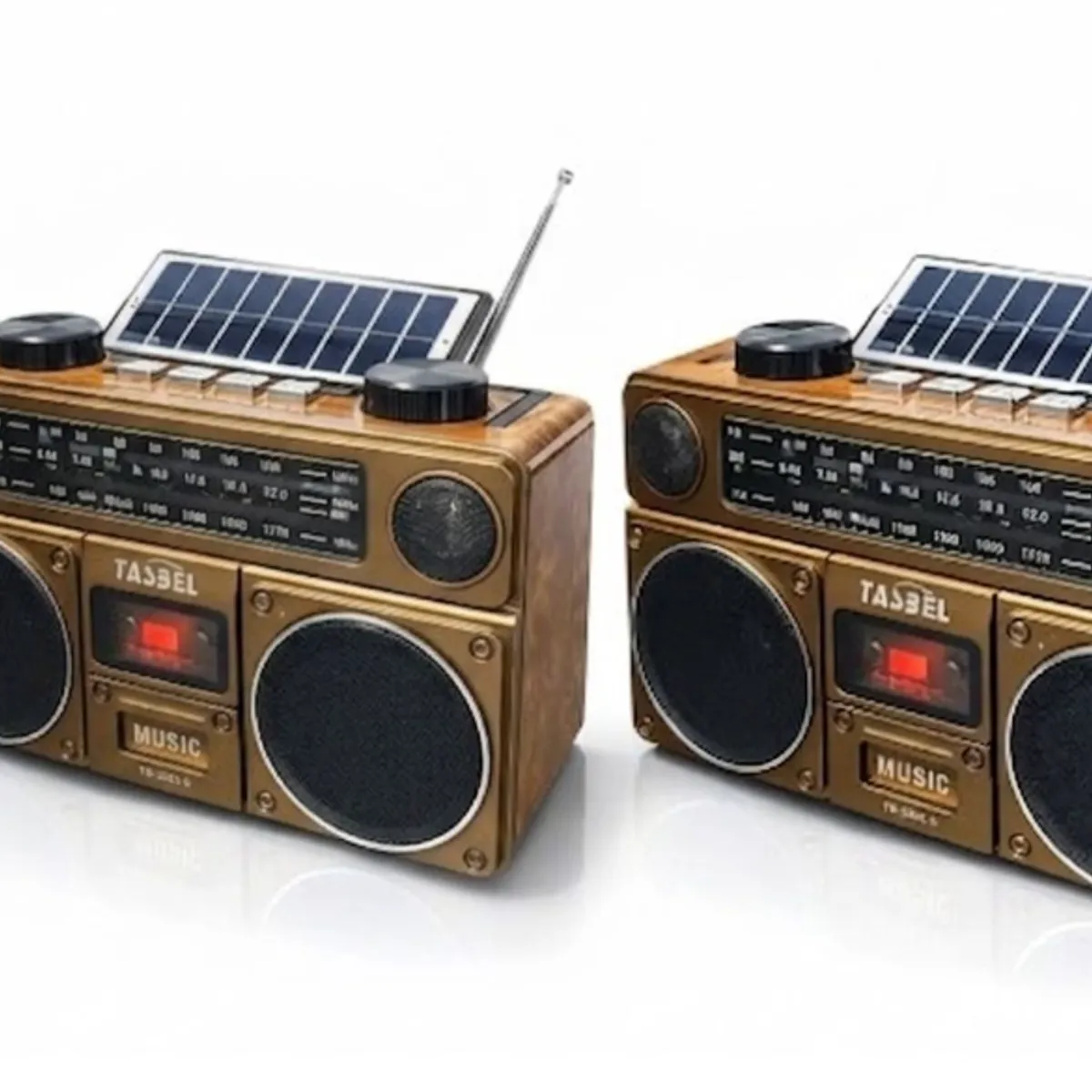 TASBEL - Pack 2 Radio Portatil FM AM Bluetooth Solar Recargable Linterna LED Retro Exterior Regalo