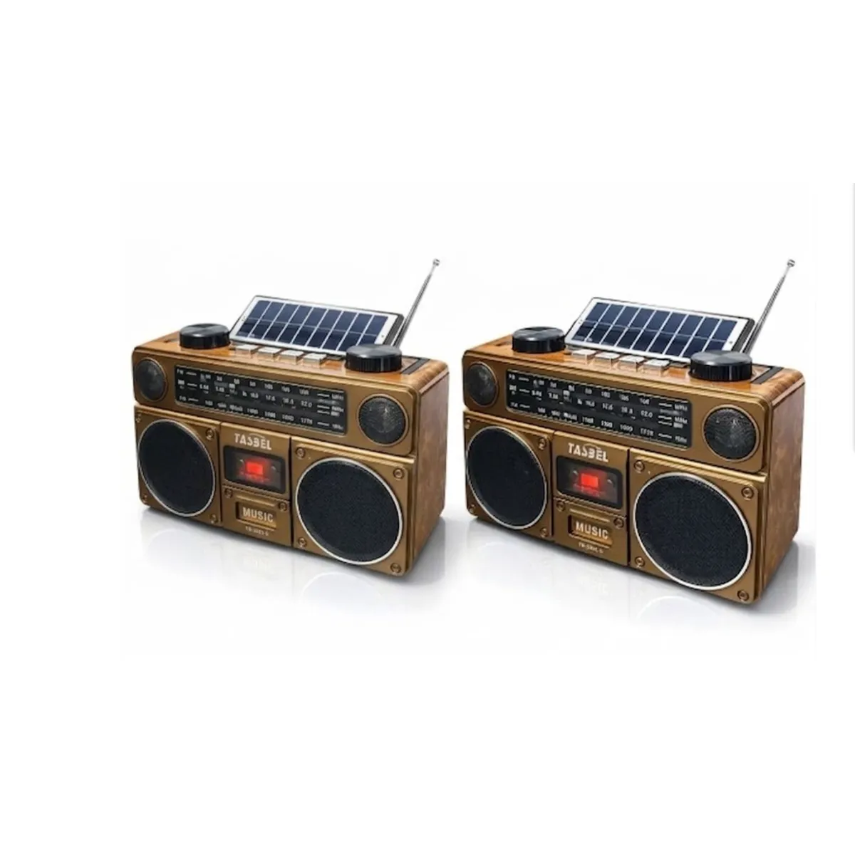TASBEL - Pack 2 Radio Portatil FM AM Bluetooth Solar Recargable Linterna LED Retro Exterior Regalo