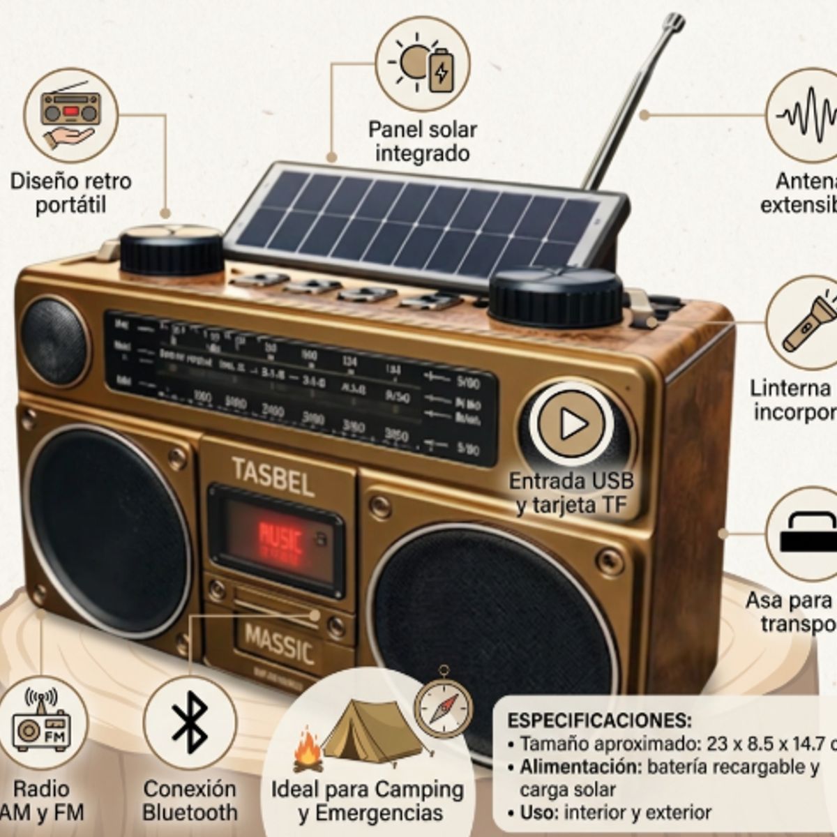 TASBEL - Pack 2 Radio Portatil FM AM Bluetooth Solar Recargable Linterna LED Retro Exterior Regalo