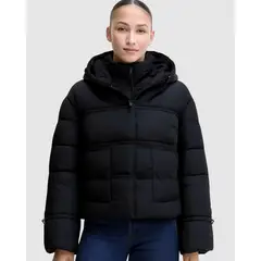 GUESS - Chaqueta New Daisy Crop Logo Puffer Negro