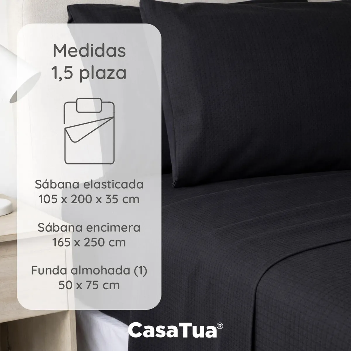 CASATUA - Sabanas 1.5 Plazas Hotel Casatua Textura Ultra Suave + Funda - Negro - 1,5 Plazas