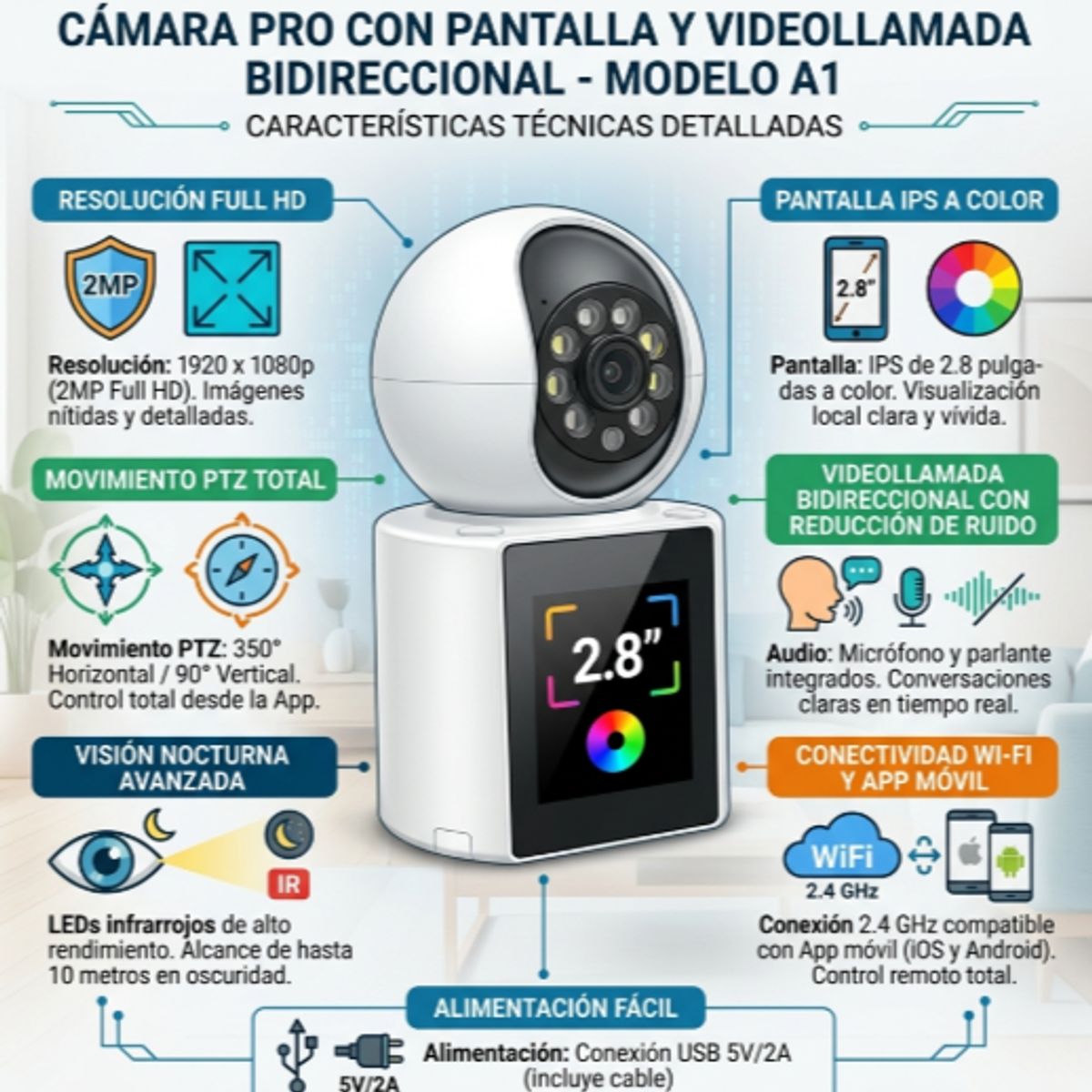 GENERICO - Camara Seguridad WiFi 1080P Pantalla Audio Bidireccional Vision Nocturna Interior Vigilancia