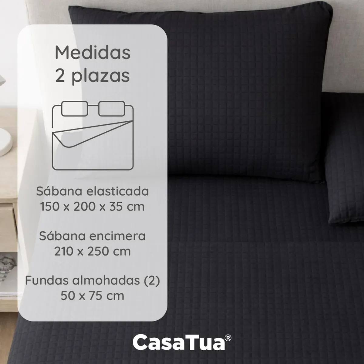 CASATUA - Sabanas 2 Plazas Hotel Casatua Textura Ultra Suave + Fundas - Negro - 2 Plazas