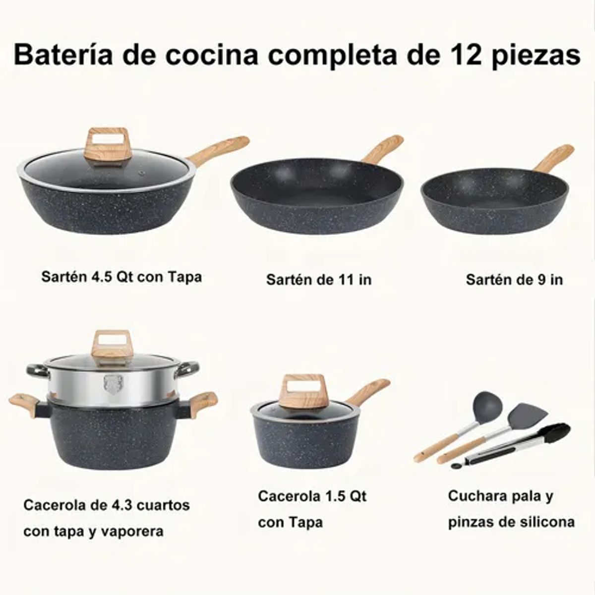 EVERSO - Juego de Ollas y Sartenes Malltradecl 12 Piezas Granito Inducción