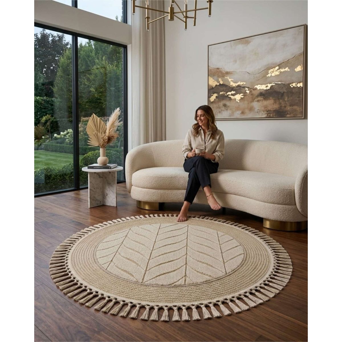GENERICO - Alfombra Circular Estilo Nórdico de 1m con Flecos y Relieve