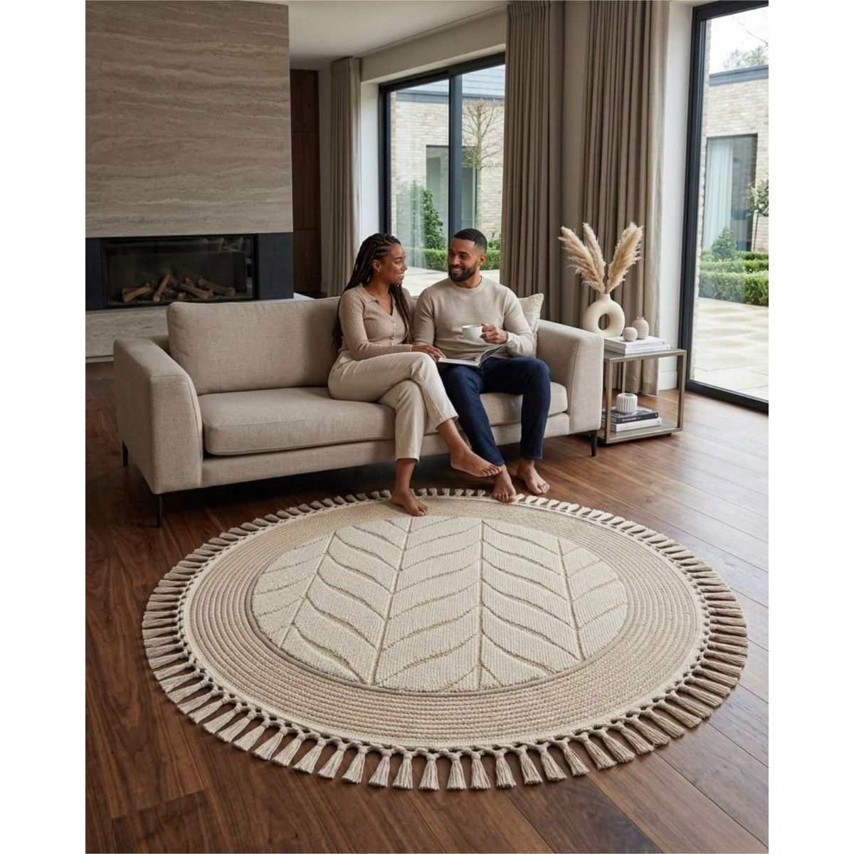 GENERICO - Alfombra Redonda Boho Chic 1m - Textura Hojas y Flecos